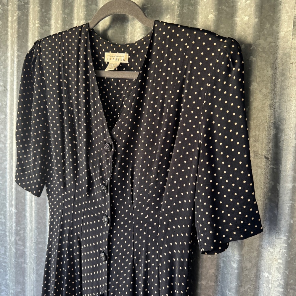 Vintage Express Polka Dot Midi Dress Black White Button Front Rayon 90s y2k 3/4
